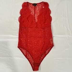 Topshop Coral Lace Plunge Bodysuit V Neck Sleeveless Lingerie US Size 8